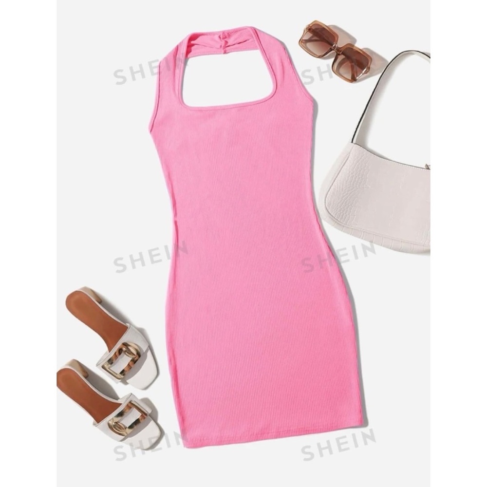 SHEIN EZwear Solid Rib-knit Backless Dress